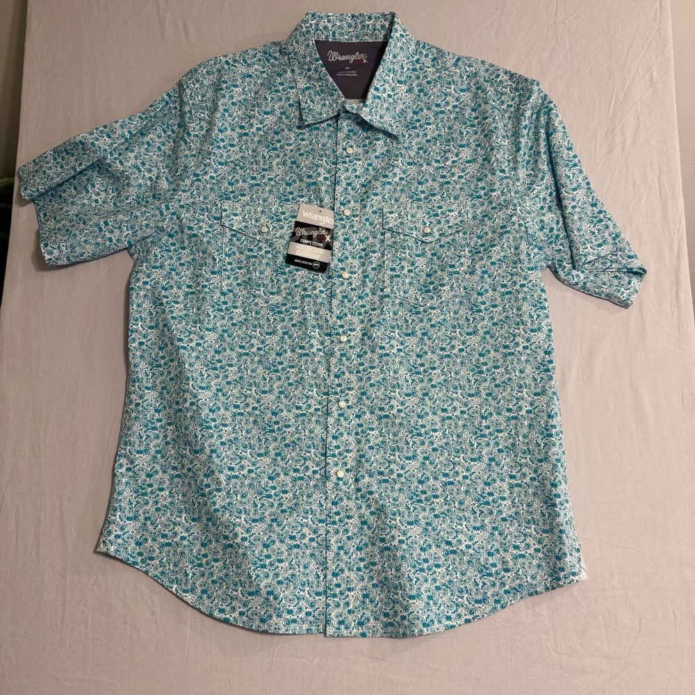 Wrangler 20X Competition Shirt Mens XL Blue paisley Western Snap Short Sleeve